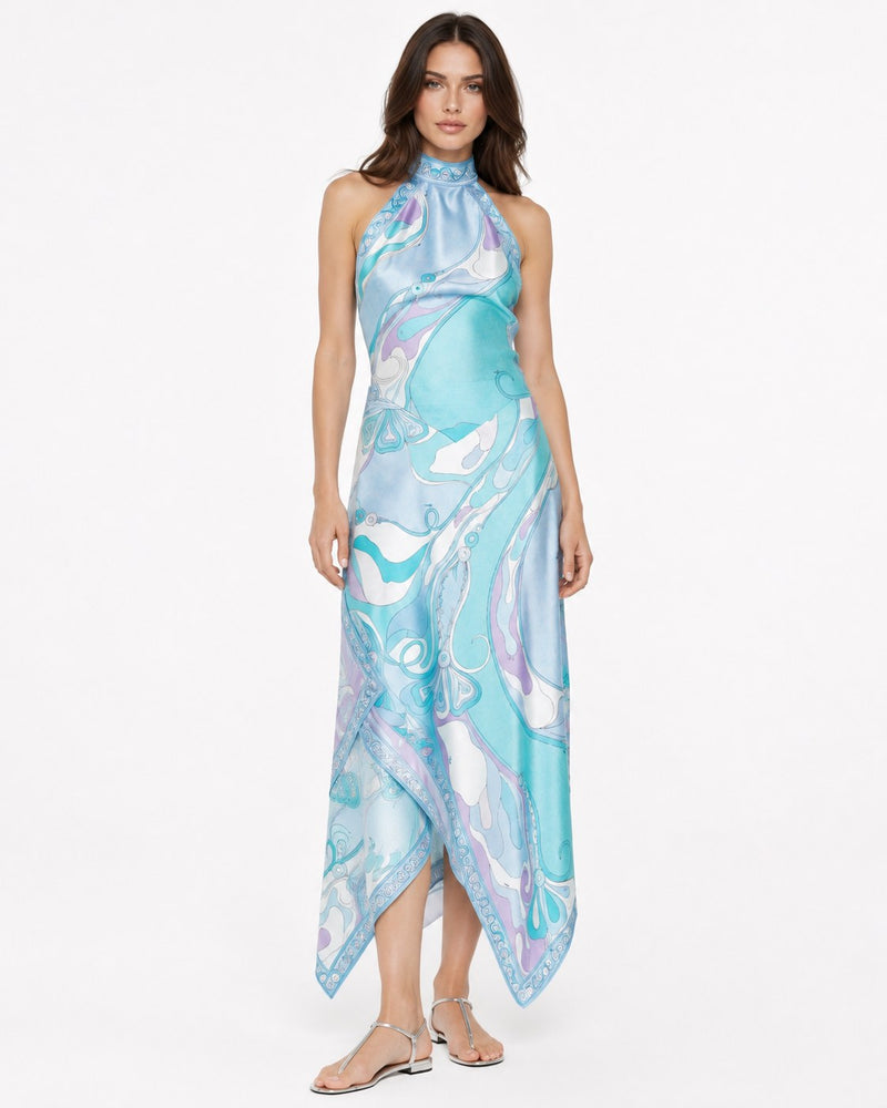 Mandelieu Swirl Halter Maxi Dress on model