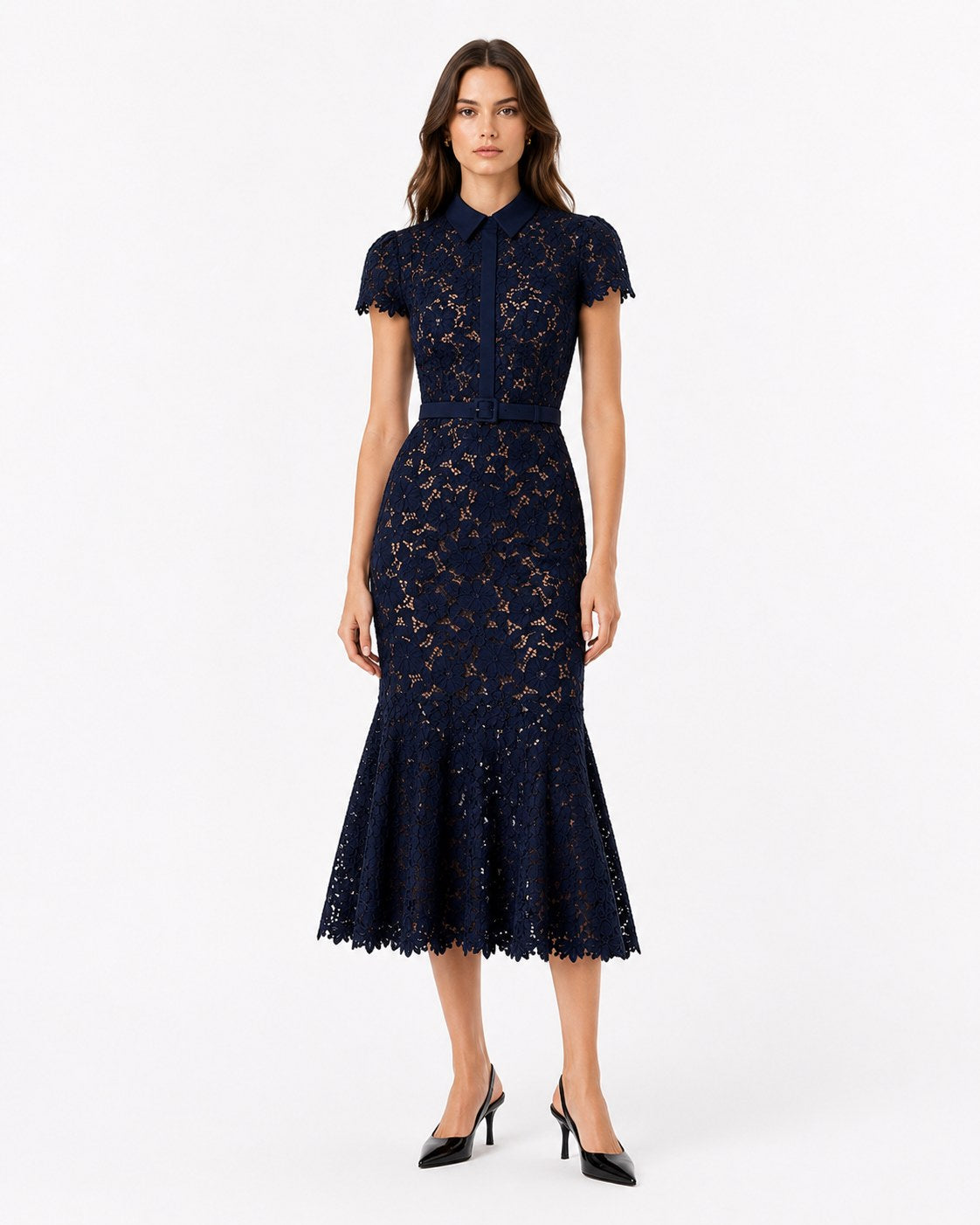 Lucéram Spitzen-Midikleid mit Fischschwanzsaum