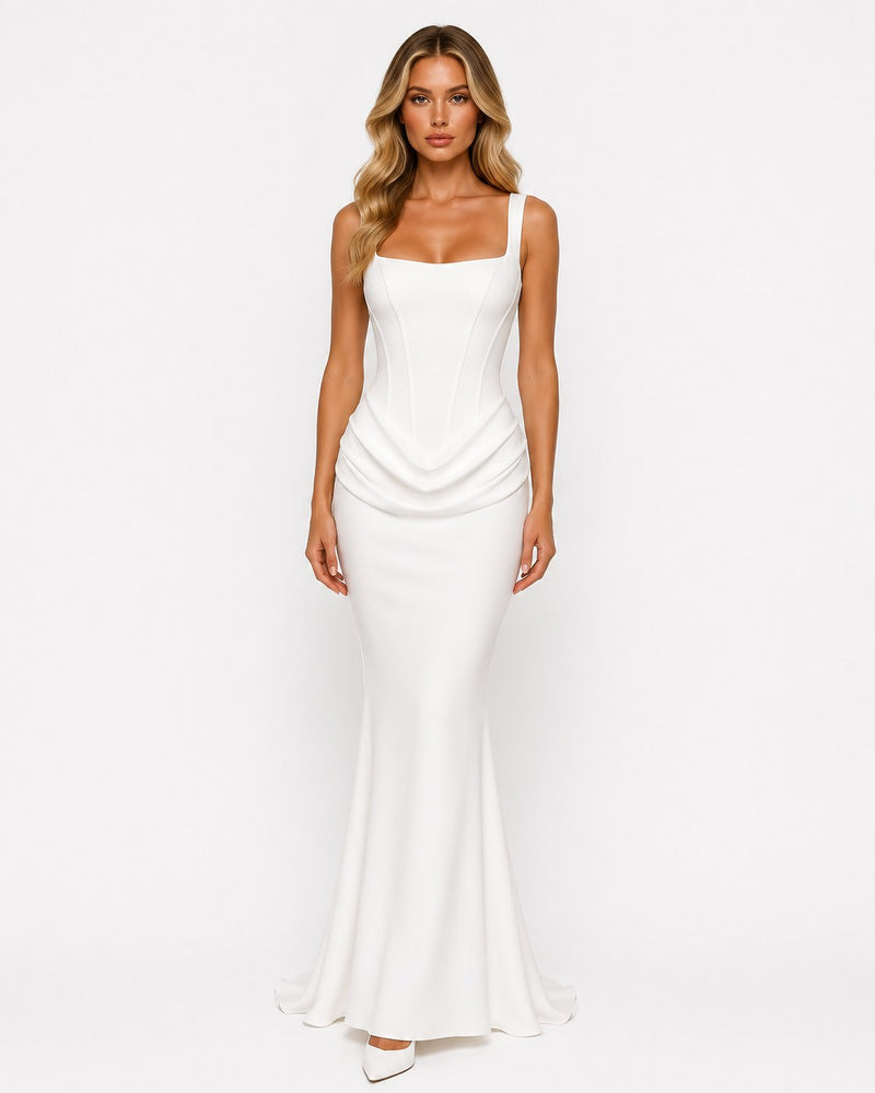 Èze-Bord Draped Satin Gown on model
