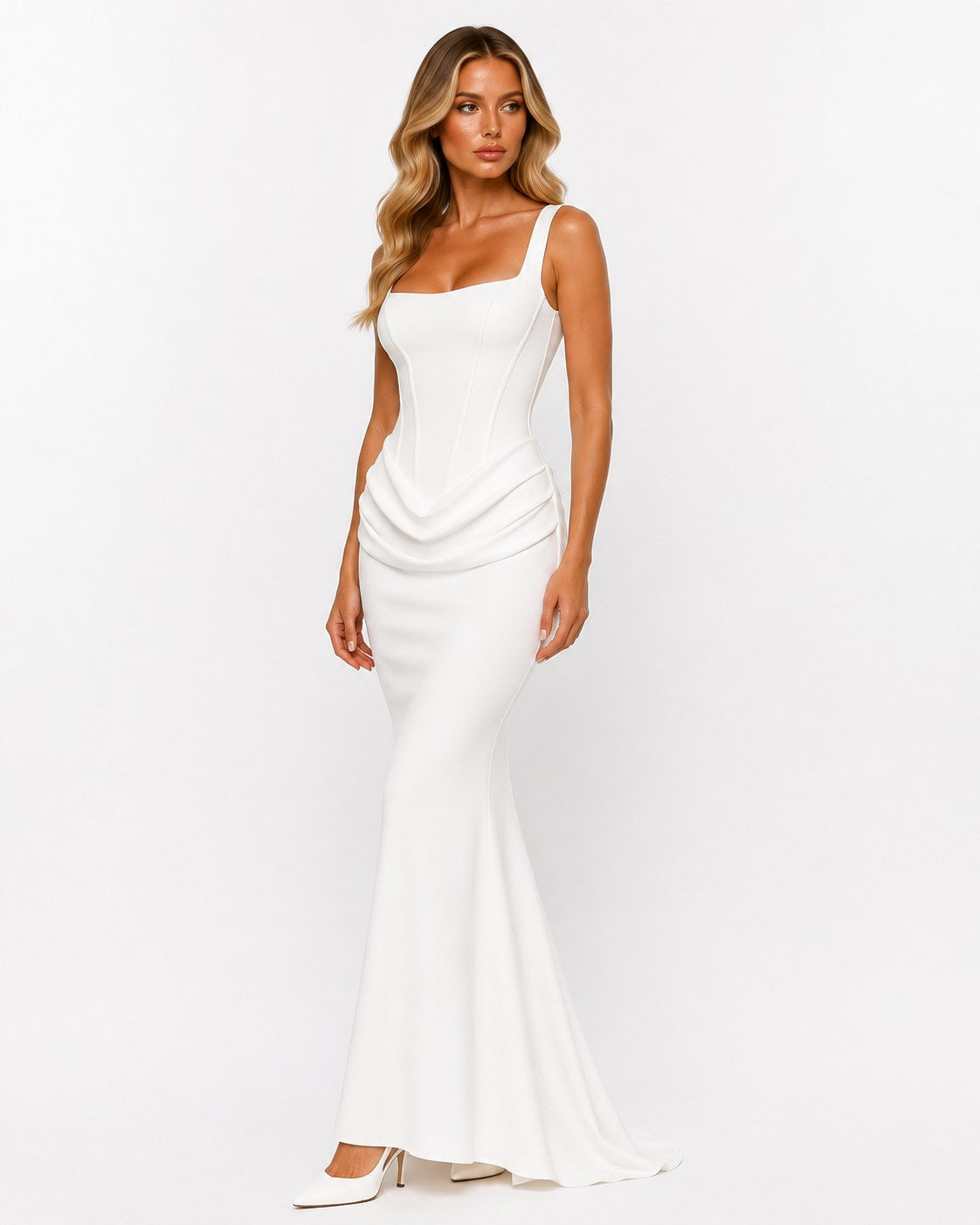 Èze-Bord Drapiertes Satin-Abendkleid