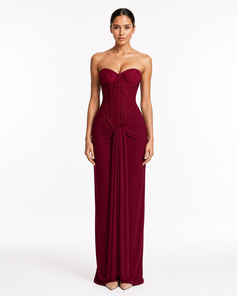 Opio Burgundy Gown on model
