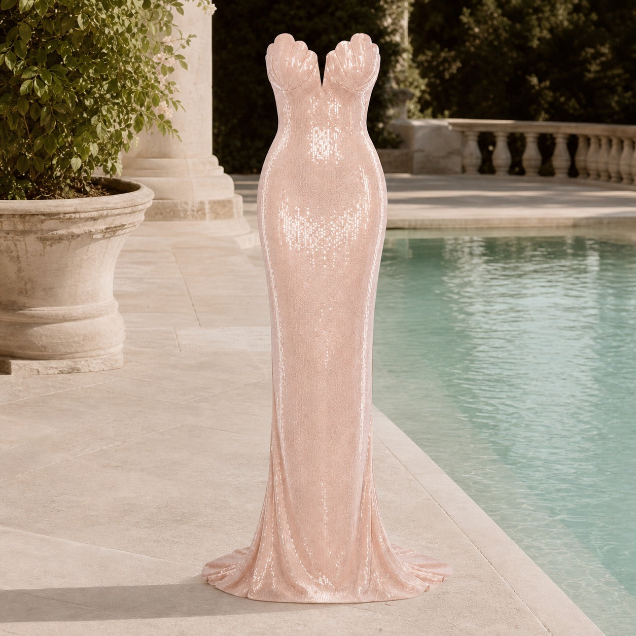 Vence Sequin Fishtail Gown lifestyle editorial